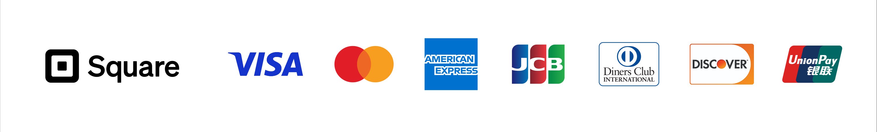 対応クレジットカード：Square / VISA / Mastercard / American Express / JCB / Diners Club / Discover / UnionPay